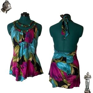 2000s vintage Y2K Venus blue and pink beaded asymmetrical floral halter top